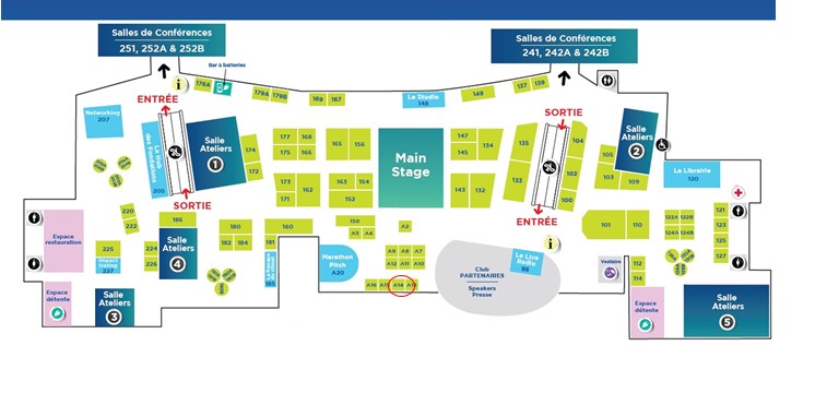 plan avec stand A14 en bas au milieu (entouré de rouge)